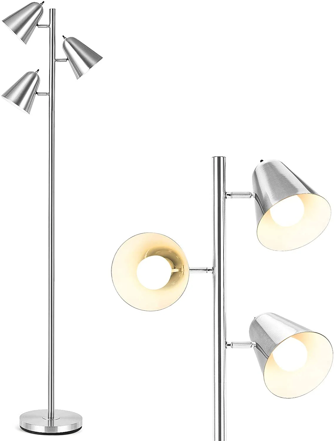 3-Light Floor Lamp, 64” Mid Century Modern 3 Light Tree, Standing Tall Pole Lamp with 3 LED Bulbs and Adjustable Heads, Reading Light for Living Room & Bedroom, 360 Lighting (Nickel)