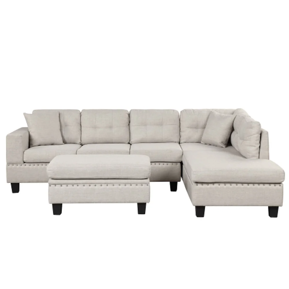 Sectional Sofa with Storage Ottoman, L-Shape Couch with 2 Pillows and Cup Holder,Sectional Sofa with Reversible Chaise - Light Gray