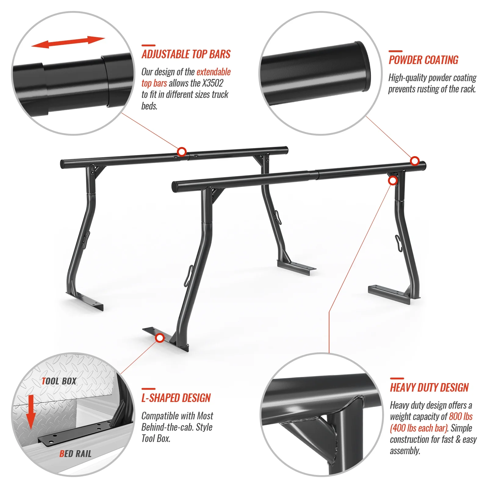 AA-Racks Model X3502 800Ibs Capacity Extendable Steel Pick-Up Truck Ladder Rack Two-bar Set - Matte Black
