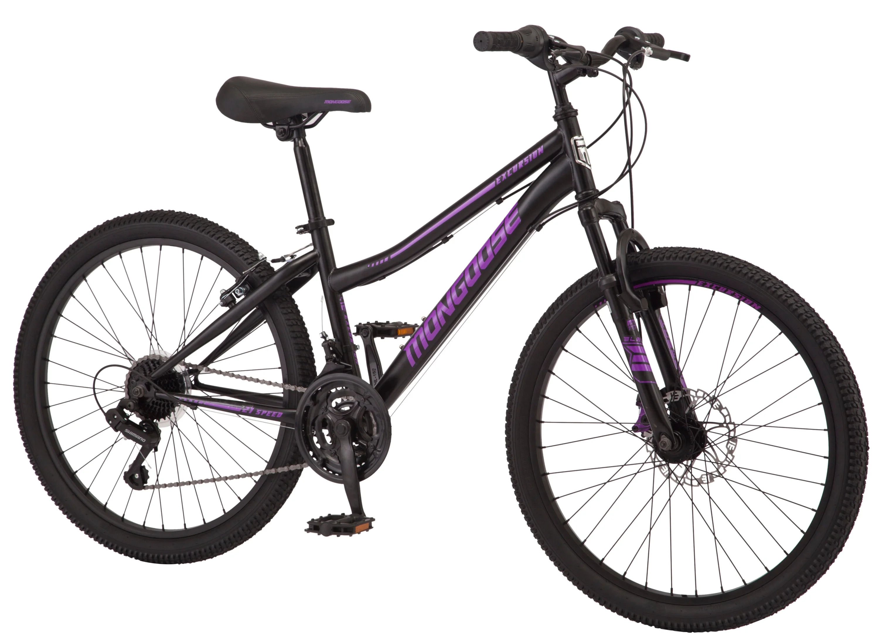 Mongoose Excursion mountain bike, 24-inch wheel, 21 speeds, girls frame, black / purple