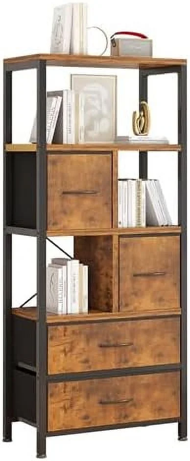 CDHJKKB Bookshelf with   4-Tier Office Shelves with 3 Fabric  Drawers  Wood and Metal Bookshelf with Drawers  Bookcase with Drawers  Room  Office  Small Spaces