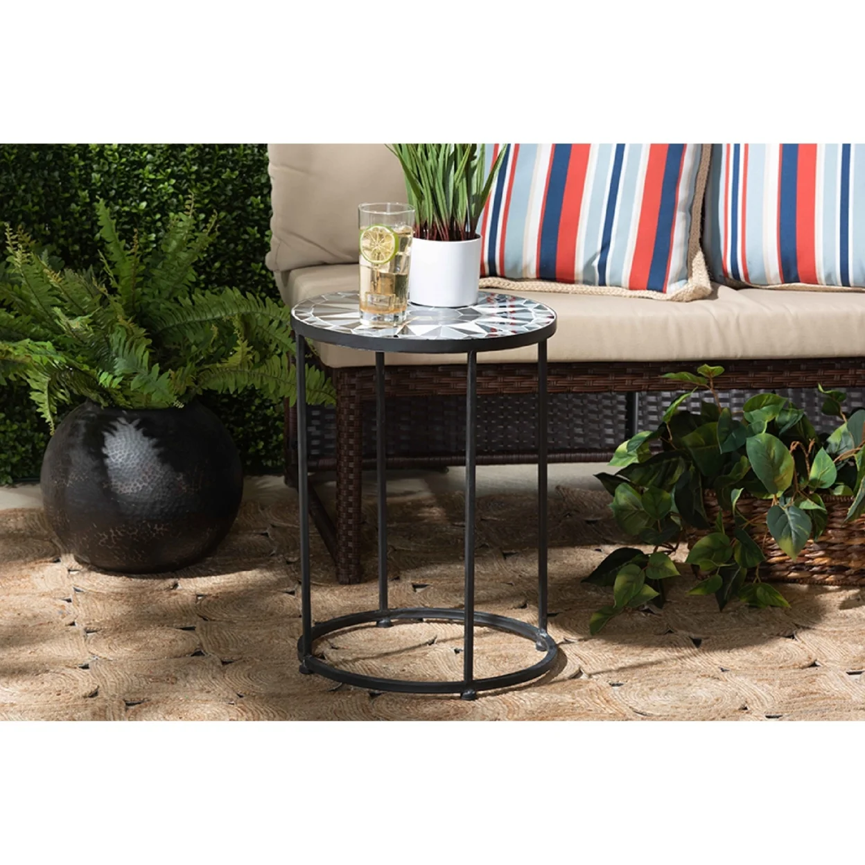 Baxton Studio Kaden Modern and Contemporary Multi-Colored Glass and Black Metal Outdoor Side Table