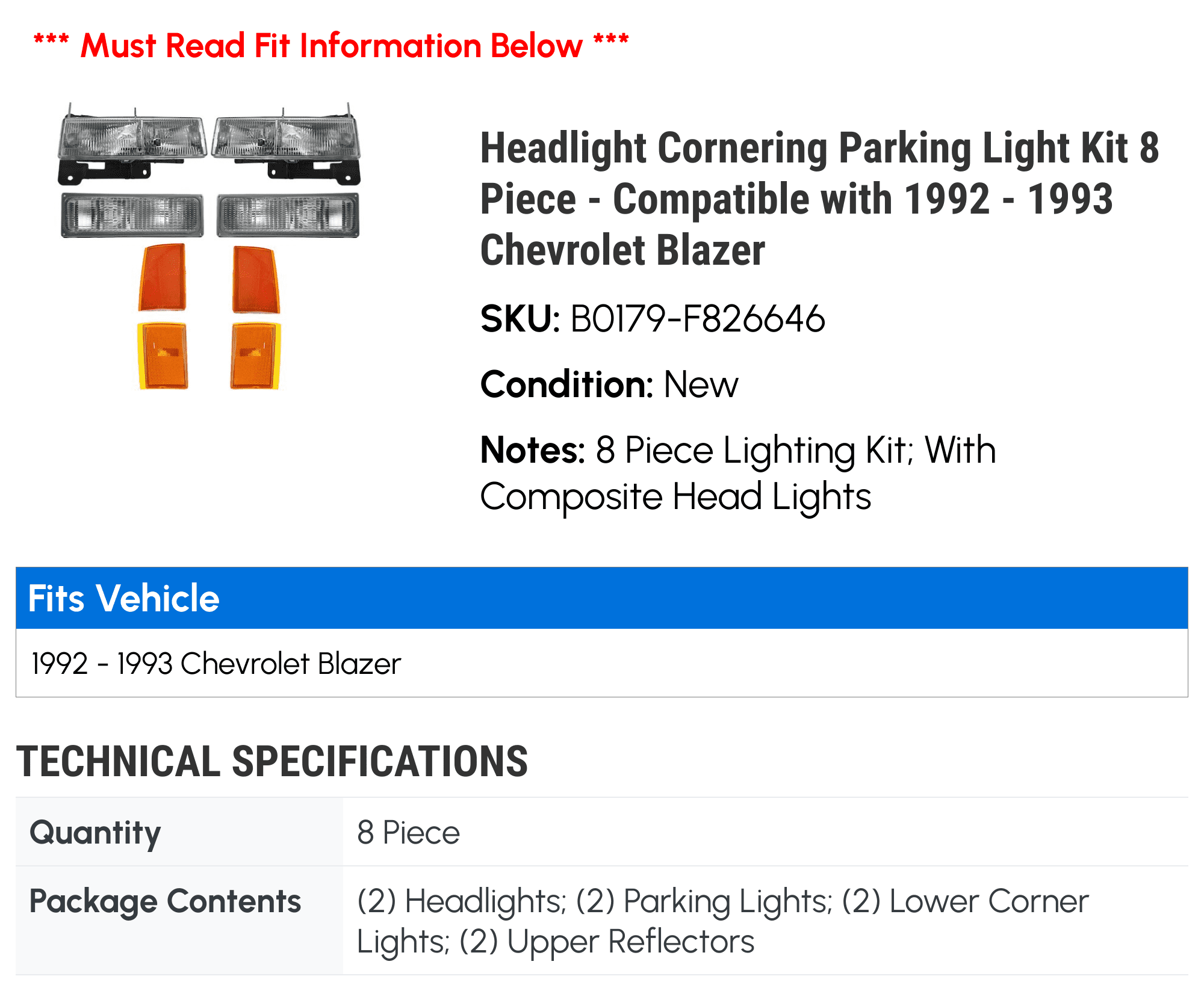 Headlight Cornering Parking Light Kit 8 Piece - Compatible with 1992 - 1993 Chevy Blazer