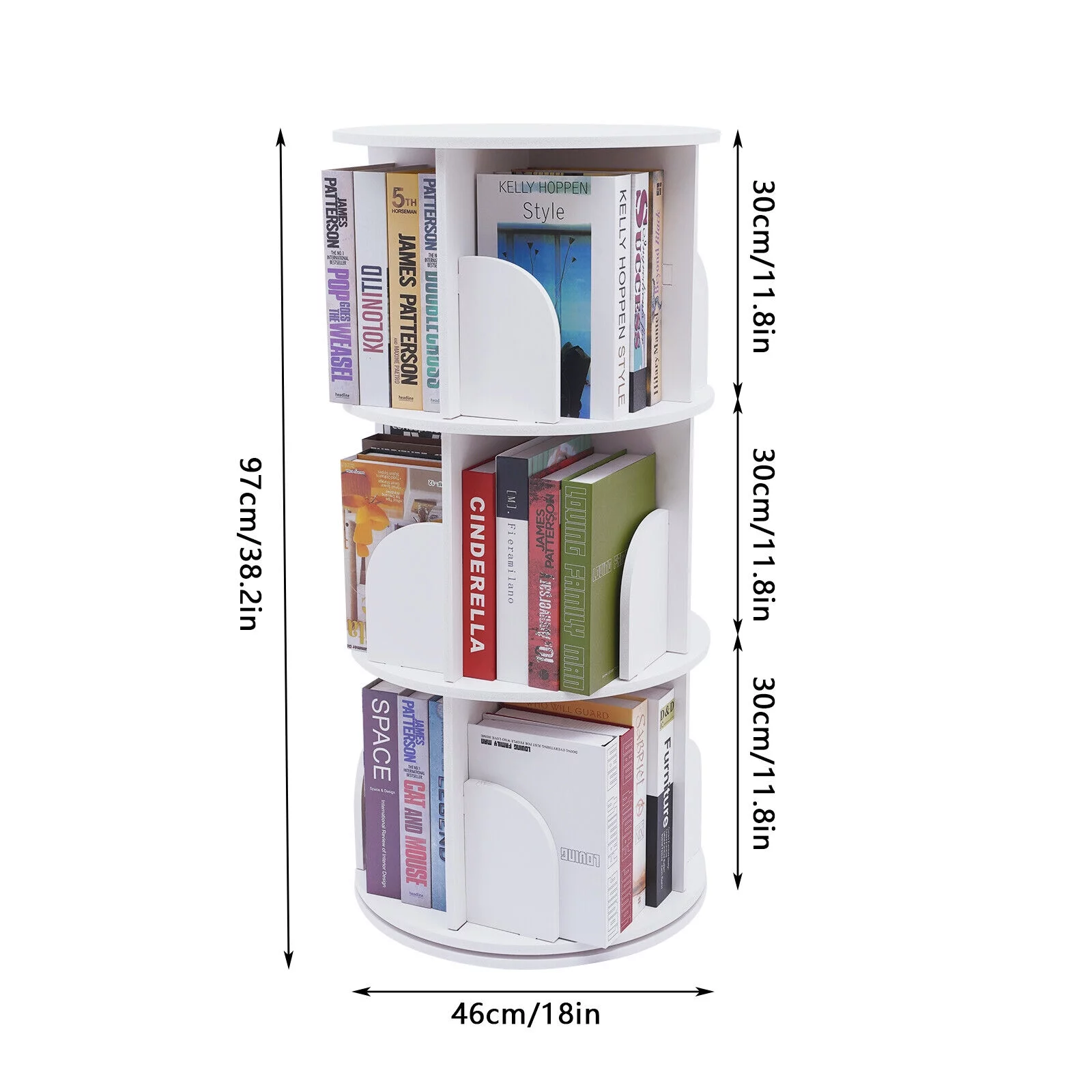 White 3 Tiers 360° Rotating Bookshelf Bookcase Display Rack Storing Shelving Shelf