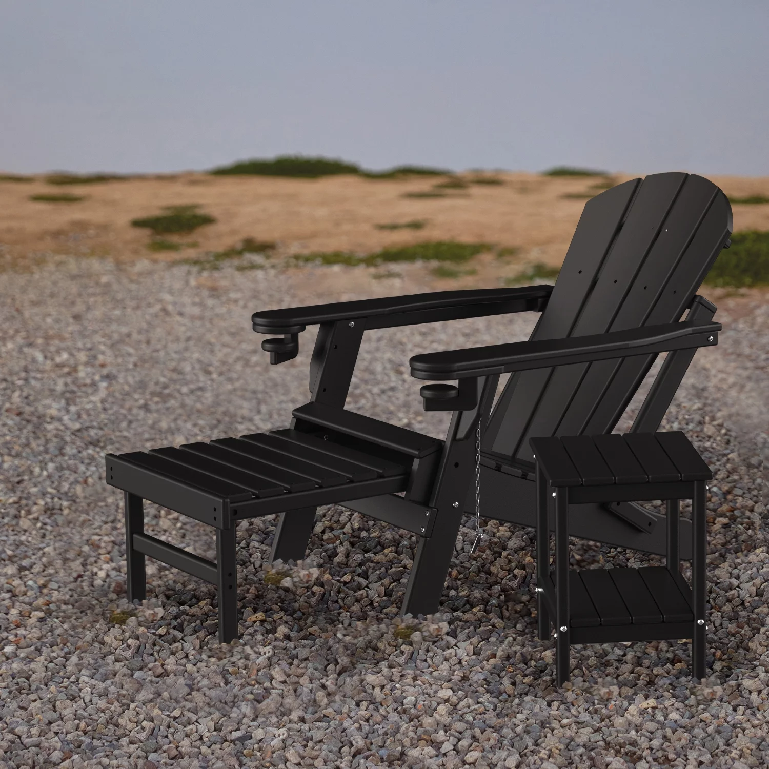 Folding Adirondack Chair with Ottoman, HDPE All-Weather Poolside Chairs w/Cup Holders & Footrest, Black