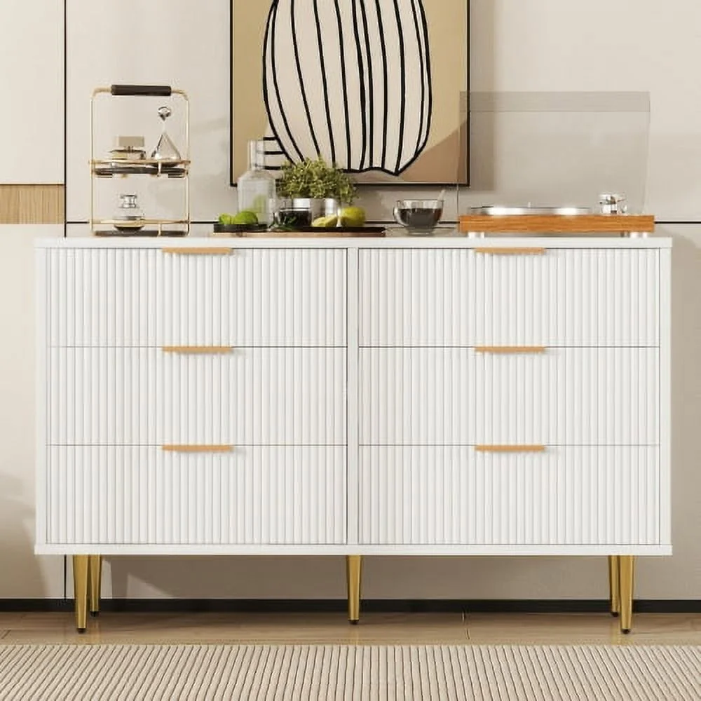 Motent 6 Drawer Dresser with Metal Leg and Handle for Bedroom, Storage Cabinet with Vertical Stripe Finish Drawer, White