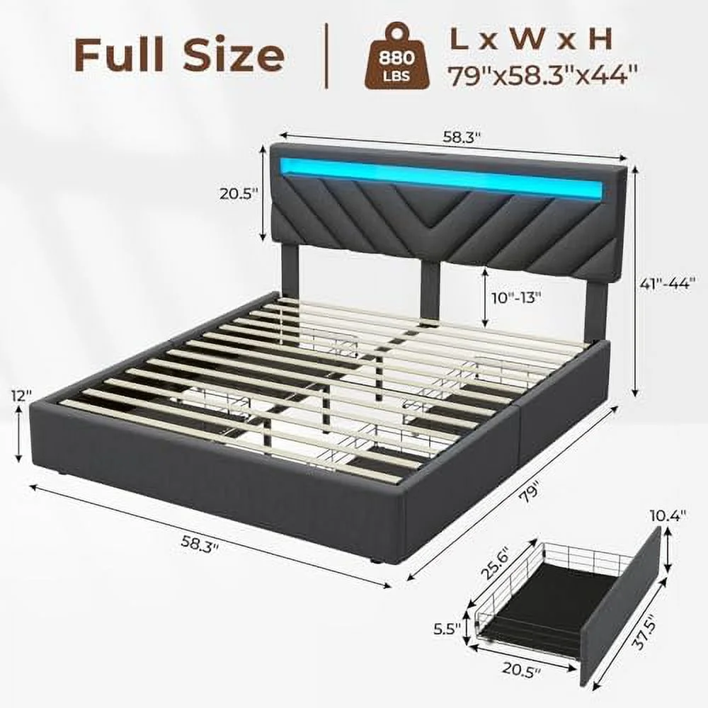 JDZHAPPYLIFE Queen Bed Frame with Drawers  LED Bed Frame with 2 USB Charging Station  Upholstered Platform Bed with  & LED Lights Headboard  No Box Spring Needed  Easy Assembly  Dark