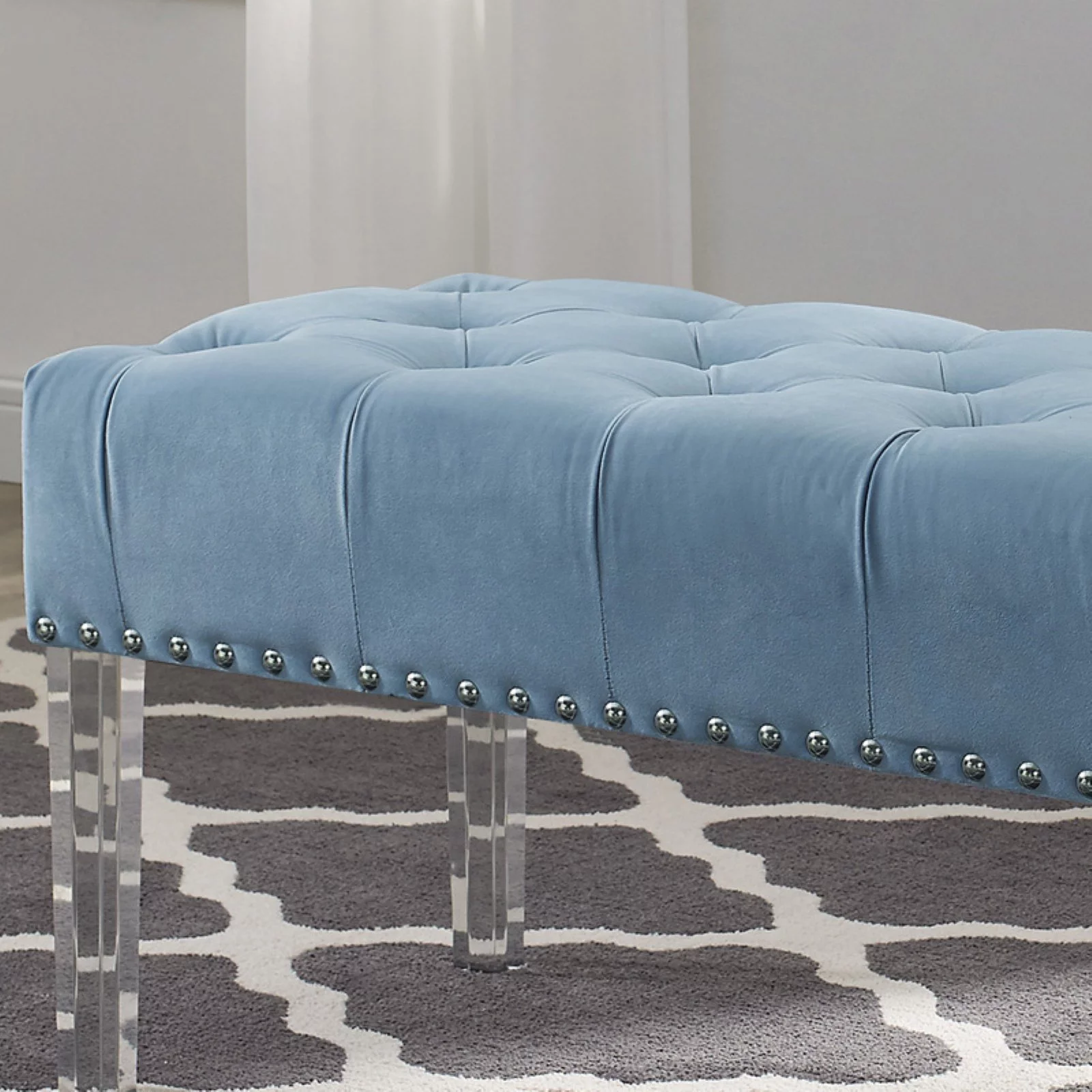 Roundhill Furniture Valley Button-Tufted Velvet Bench with Acrylic Leg in Blue