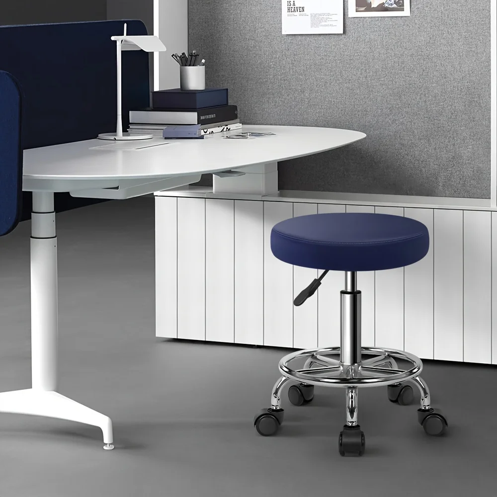 Blue Swivel Height Adjustment Spa Drafting Salon Tattoo Work Office Massage Stool Task Chair PU Leather Round Rolling Stool With Foot Rest
