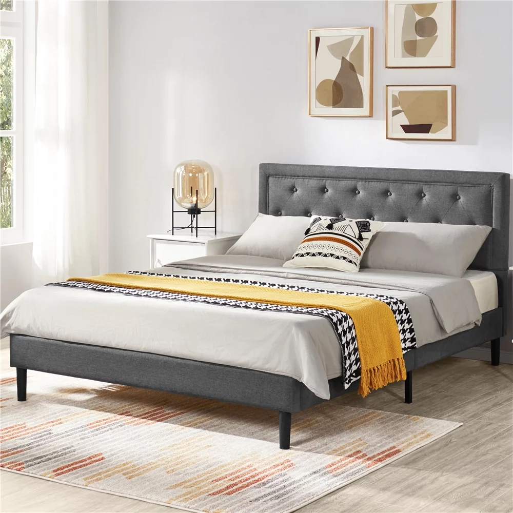 Easyfashion Fabric Upholstered Platform Bed with Tufted Headboard, Dark Gray, Queen