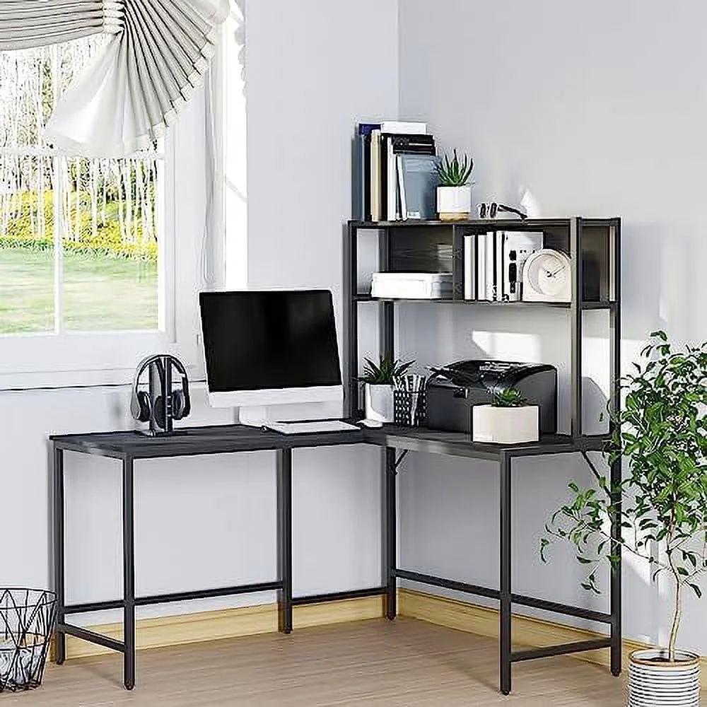 HYHBIBOOM 55 Inch L Shaped Computer Desk with Hutch  Corner Desk for Home Office and Study  Writing Workstation with 2  Compartments  Black