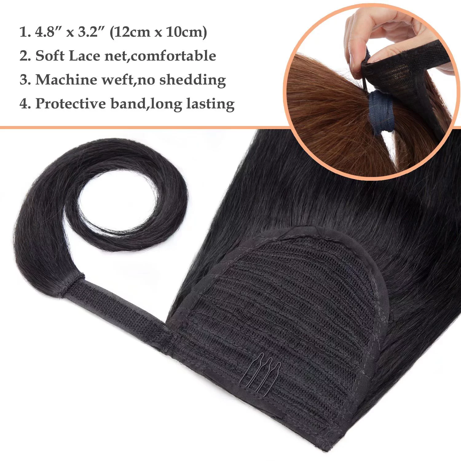 Benehair Clip in Ponytail Hair Extensions Human Hair Ponytail Wrap Around Remy Hair One Piece Silky Straight Human Hair Extensions 22inch #01 Jet Black 95g/pack