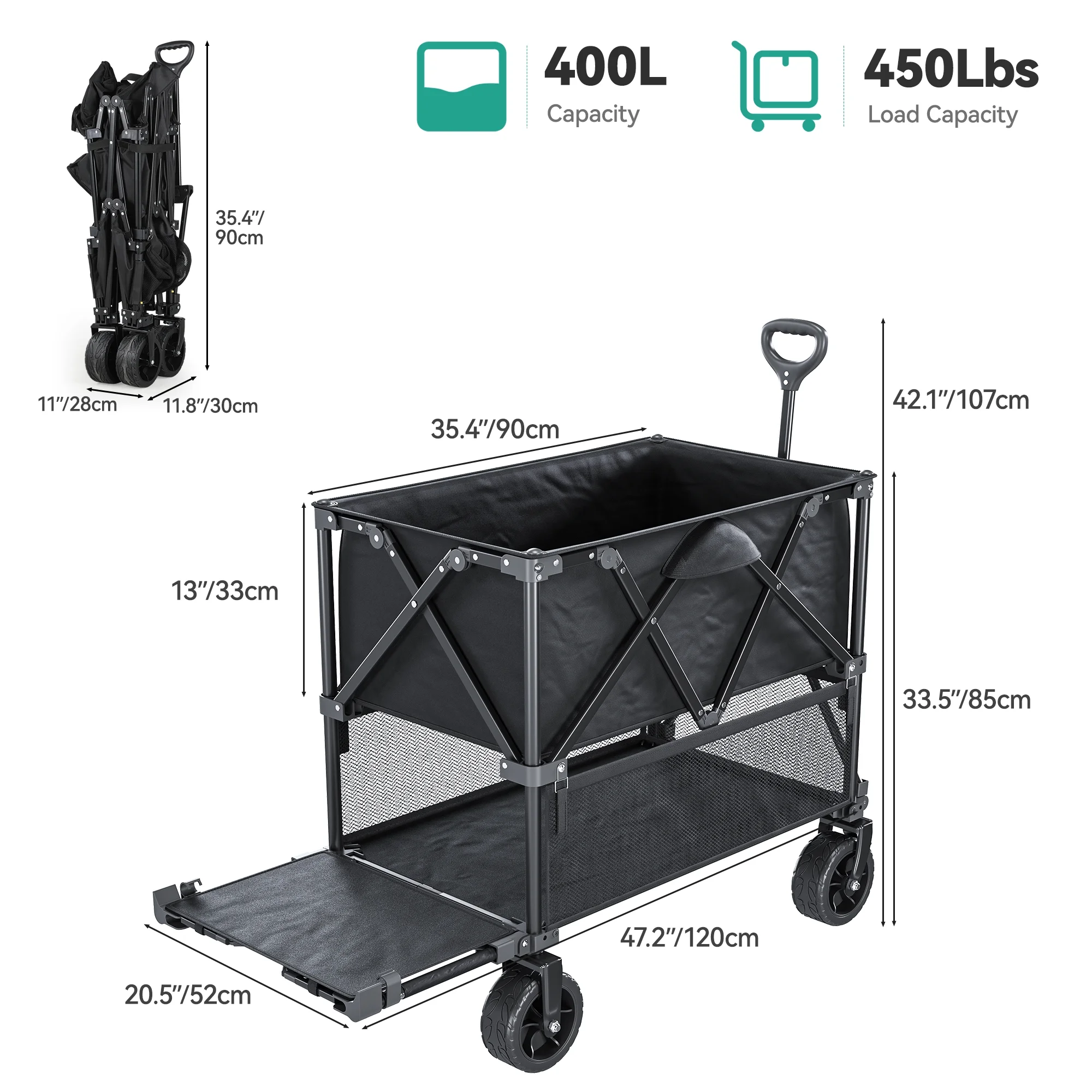 Dextrus 47'' Double Layer Folding Utility Wagon, 450lbs Heavy-Duty Cart , with Large Wheels, Drink Holder, and Pull Rope, Ideal for Shopping, Sports, and Camping,Black