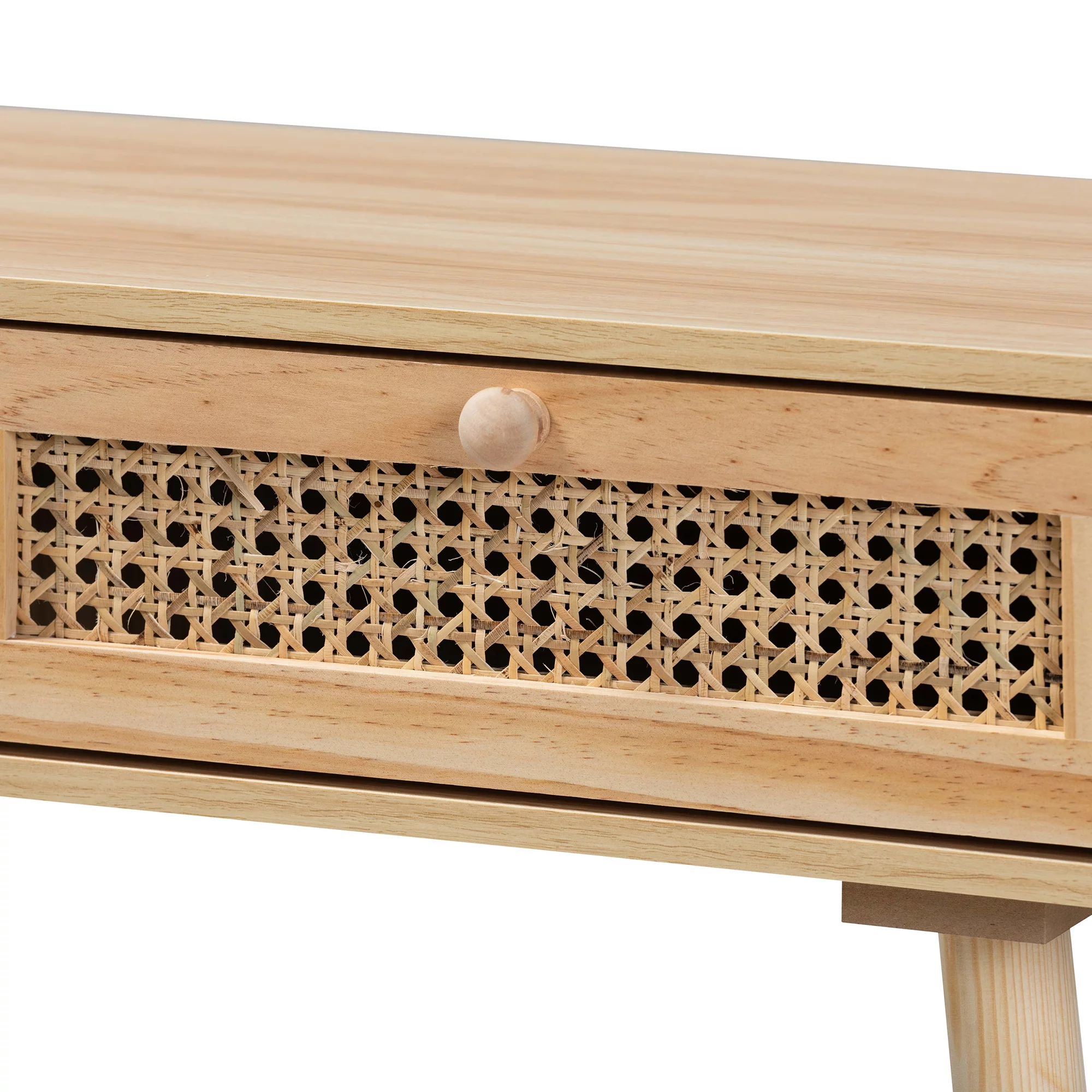 Baxton Studio Maclean Mid-Century Modern Rattan and Natural Brown Finished Wood 2-Drawer Console Table