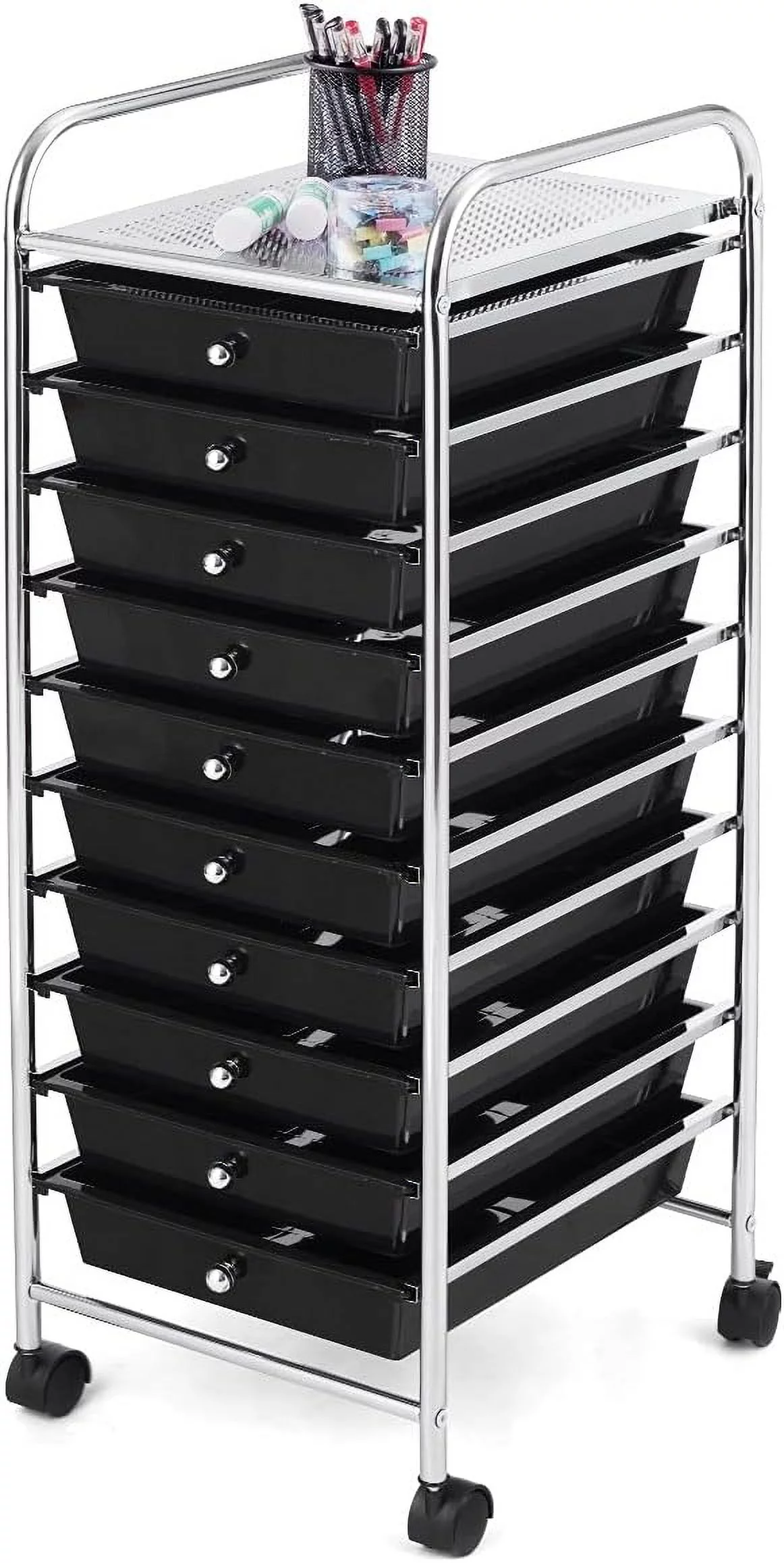 10 Drawer Storage Organizer Cart, 10 Tiers Multicolor Storage Trolley, Storage Drawer Bin Carts, File & Debris Storage Mobile Cart, Rolling Organizer Cart For Office/School/Home (Black)