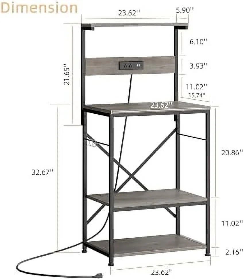 MQLIFEBOOM Kitchen Bakers Rack with Power Outlet  Coffee  Cabinet  Kitchen Cart  Large Microwave Stands Cart with 6 S-Shaped Hooks  Wine Glass Holder and Basket (35.43''  Rustic B