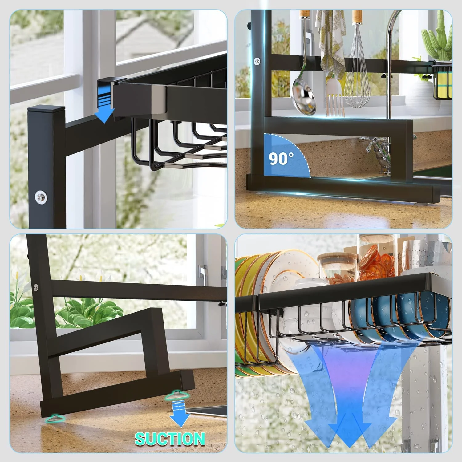 ADBIU Over The Sink Dish Drying Rack (Expandable Height and Length) Snap-On Design 2 Tier Large Dish Rack Stainless Steel (24