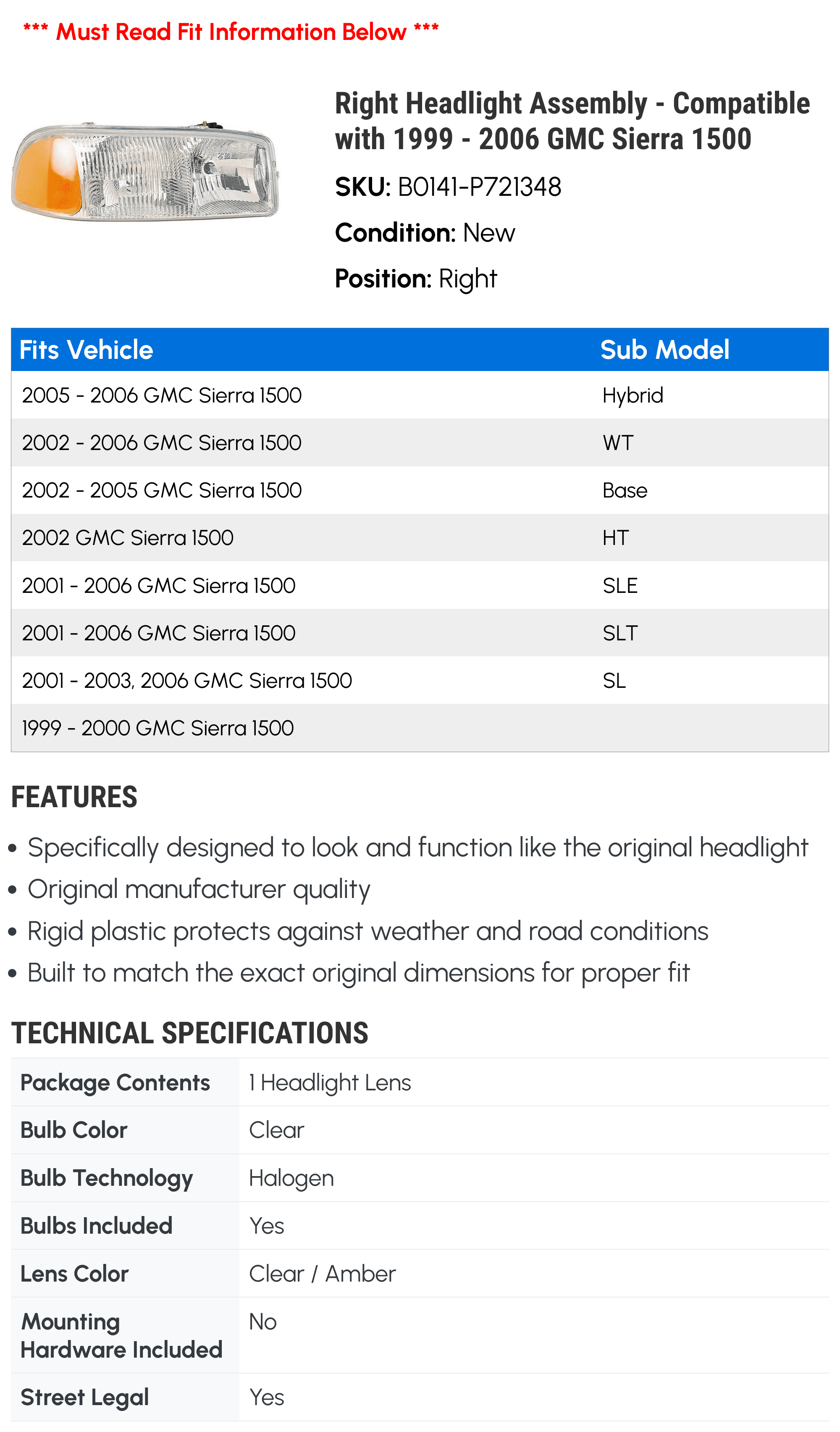Right Headlight Assembly - Compatible with 1999 - 2006 GMC Sierra 1500 2000 2001 2002 2003 2004 2005