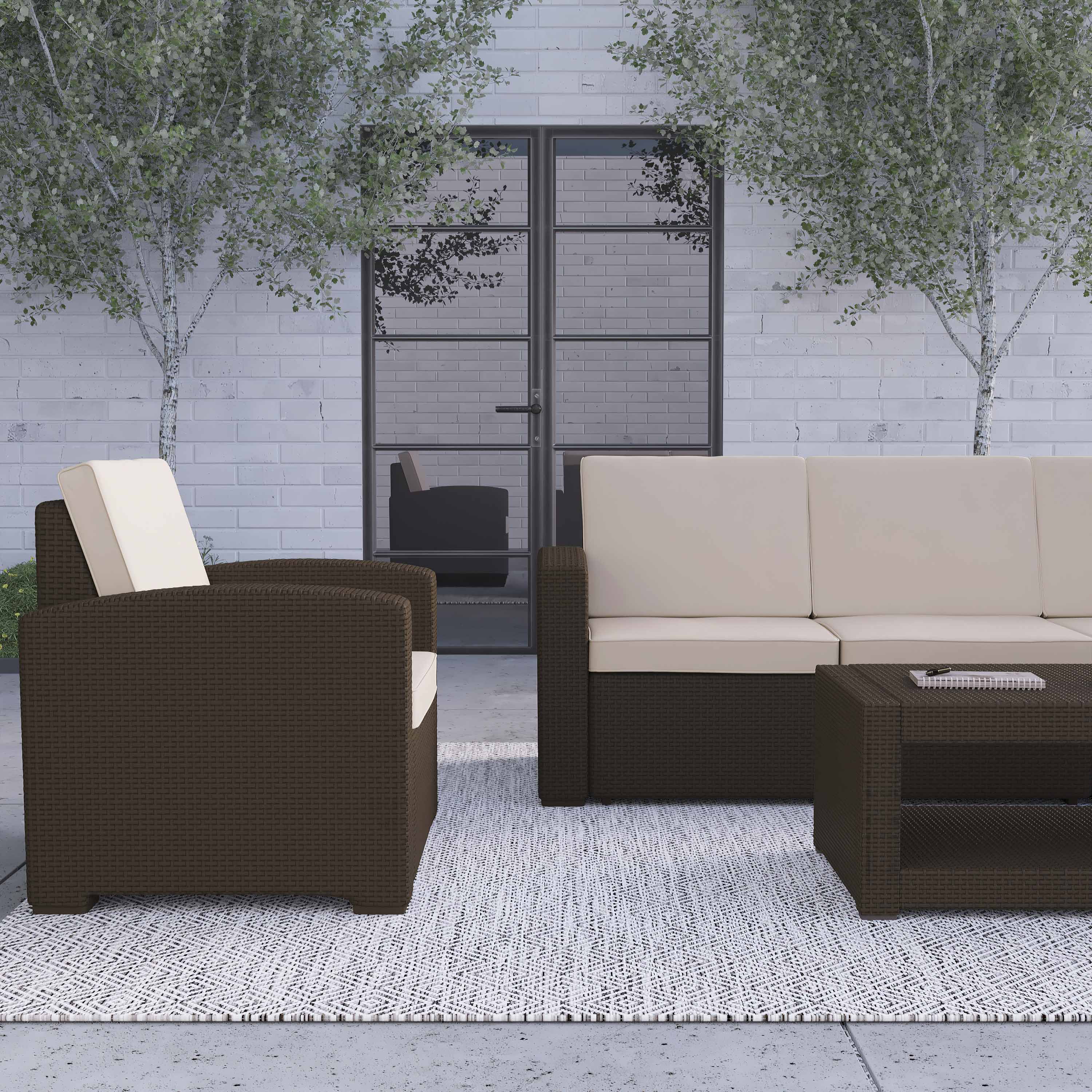 Merrick Lane 4 Piece Chocolate Brown Faux Rattan Patio Furniture Set with 2 Chairs and Sofa with Removable Beige Cushions and Table