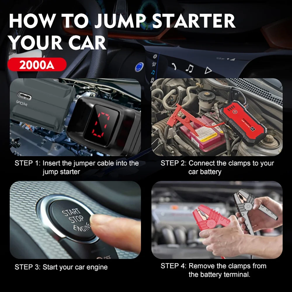 SUGIFT 2000A Car Jump Starter 12V 20000mAhwith USB Quick Charge 3.0 and Smart Clip