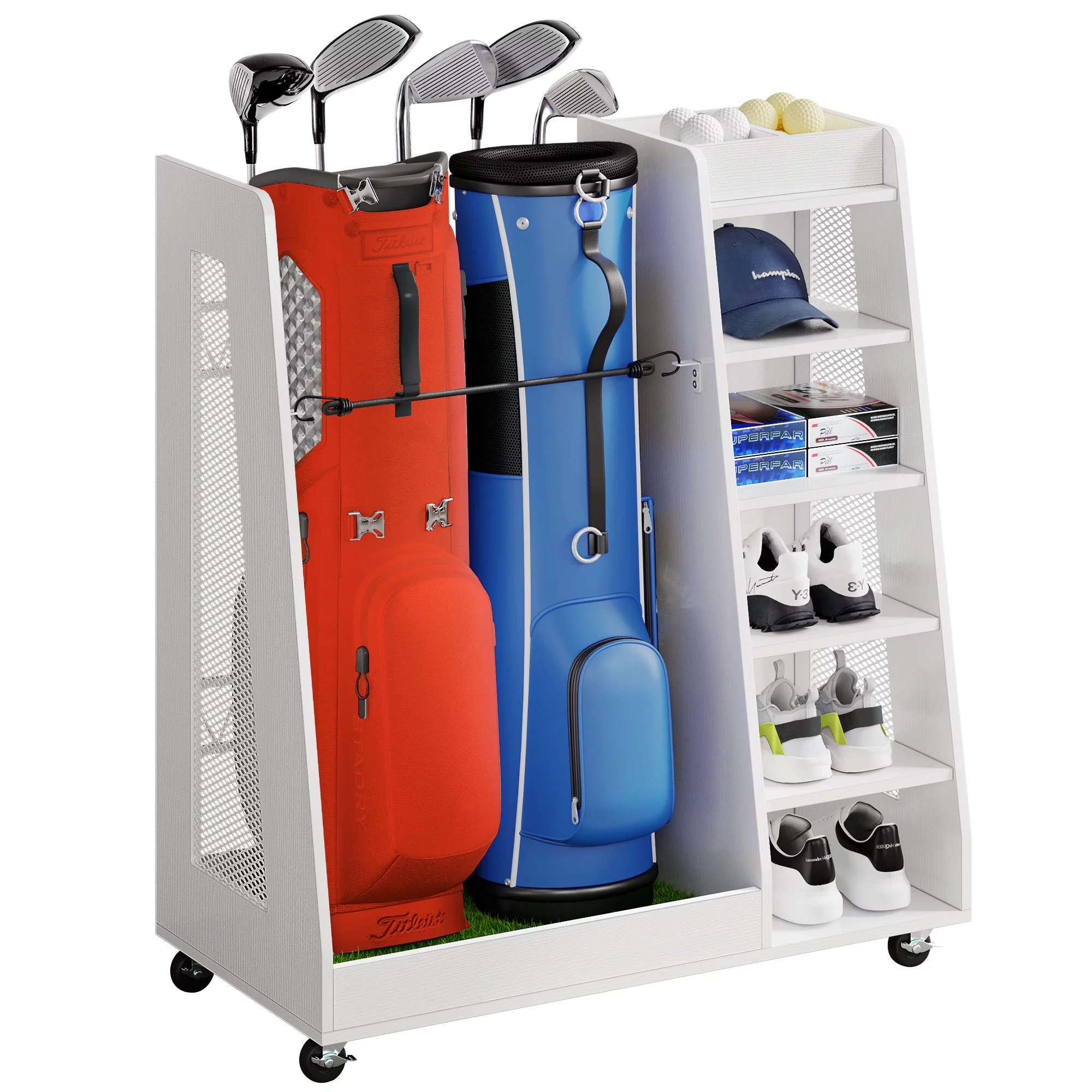 Dextrus Extra Large Golf Bag Storage Organizer for Garage with Wheels, Fits 2 Golf Bags , Golf Clubs, Golf Balls and Golf Equipment Accessories Sports Equipment Storage Rack, White