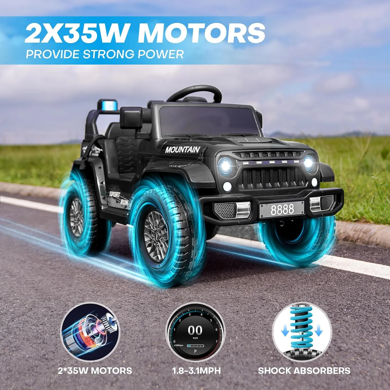 TEOAYEAH 2X35W Ride on Truck Car, 12V Electric Vehicle Toy w/Remote Control, Low Battery Voice Prompt, Wireless Music, Black