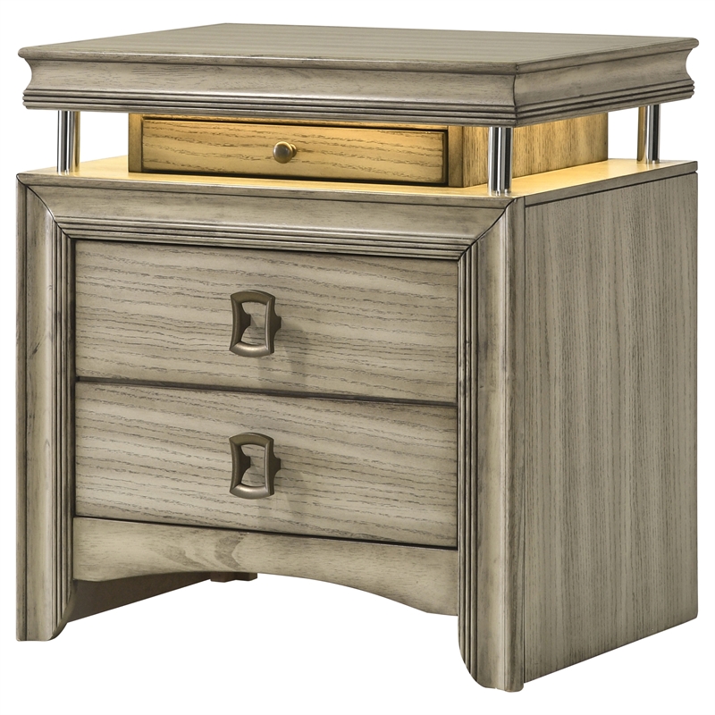 Pemberly Row 3-drawer Wood Nightstand Bedside Table with LED Rustic Beige
