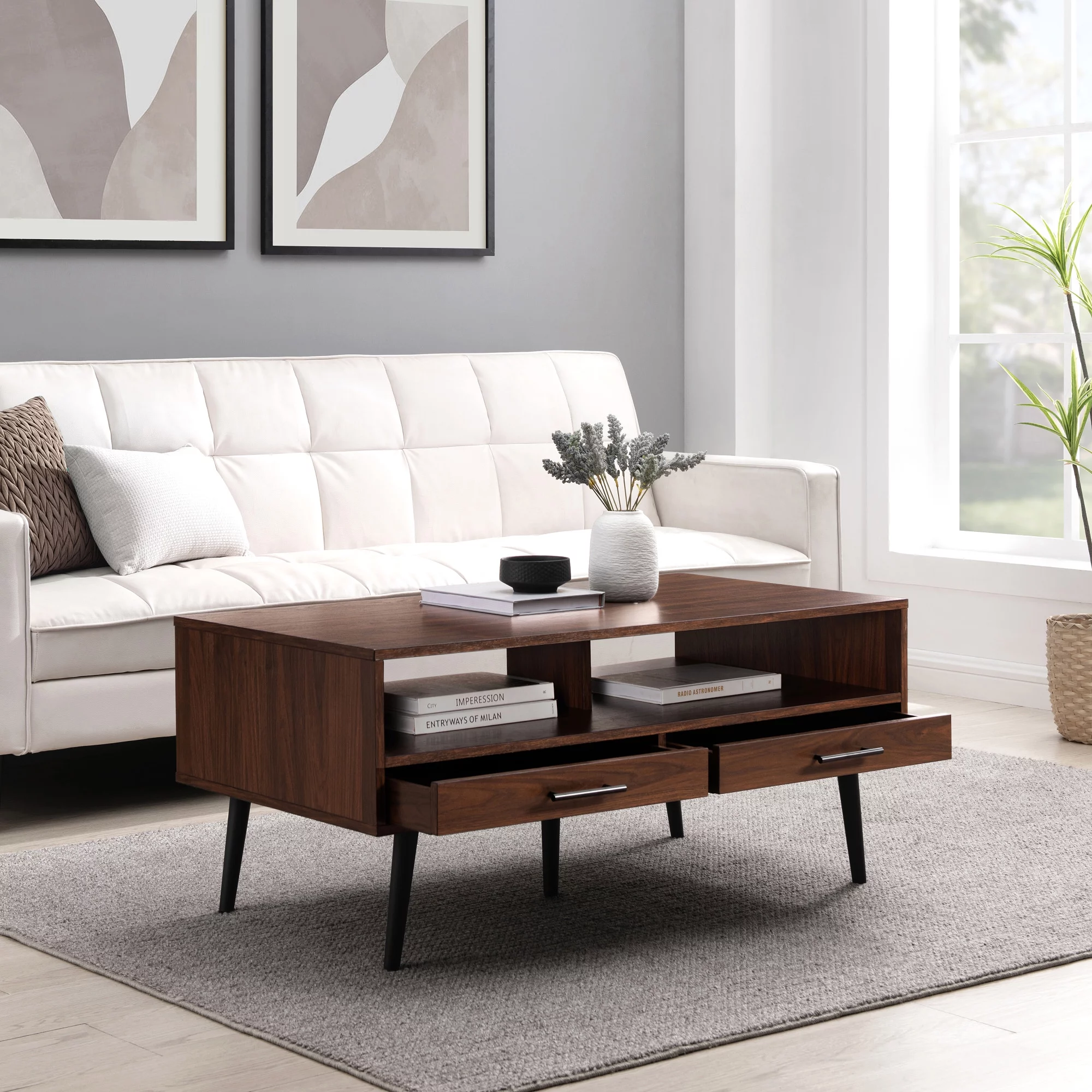 Walker Edison 40” Mid-Century Modern 2-Drawer Coffee Table, Dark Walnut