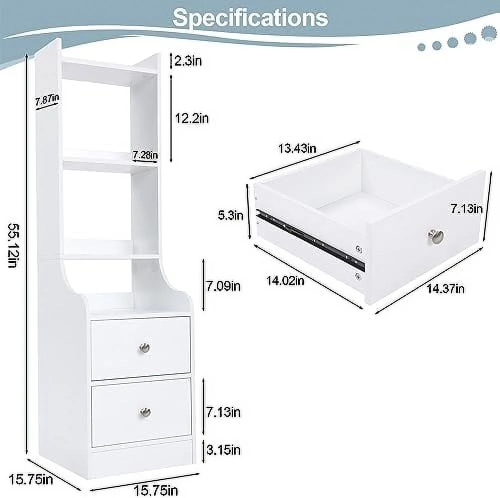 White Night Stand  55\u201C  Nightstand Bedside Table with 4-Tier Open Shelves & 2 Drawers  Wood Night Stand for Bedroom Nightstands  Office