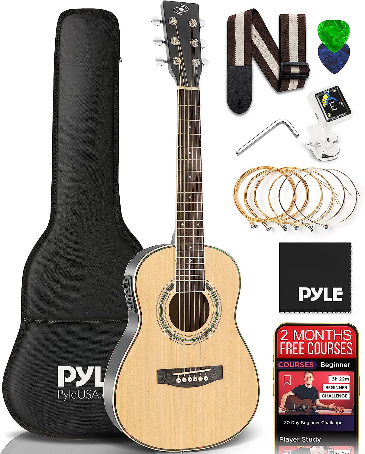 Acoustic Electric Guitar ¼ Scale 30” Steel String Spruce Wood w/Gig Bag, 4-Band EQ Control, Clip On and Onboard Tuner, Picks, Shoulder Strap for Beginners Students and Kids