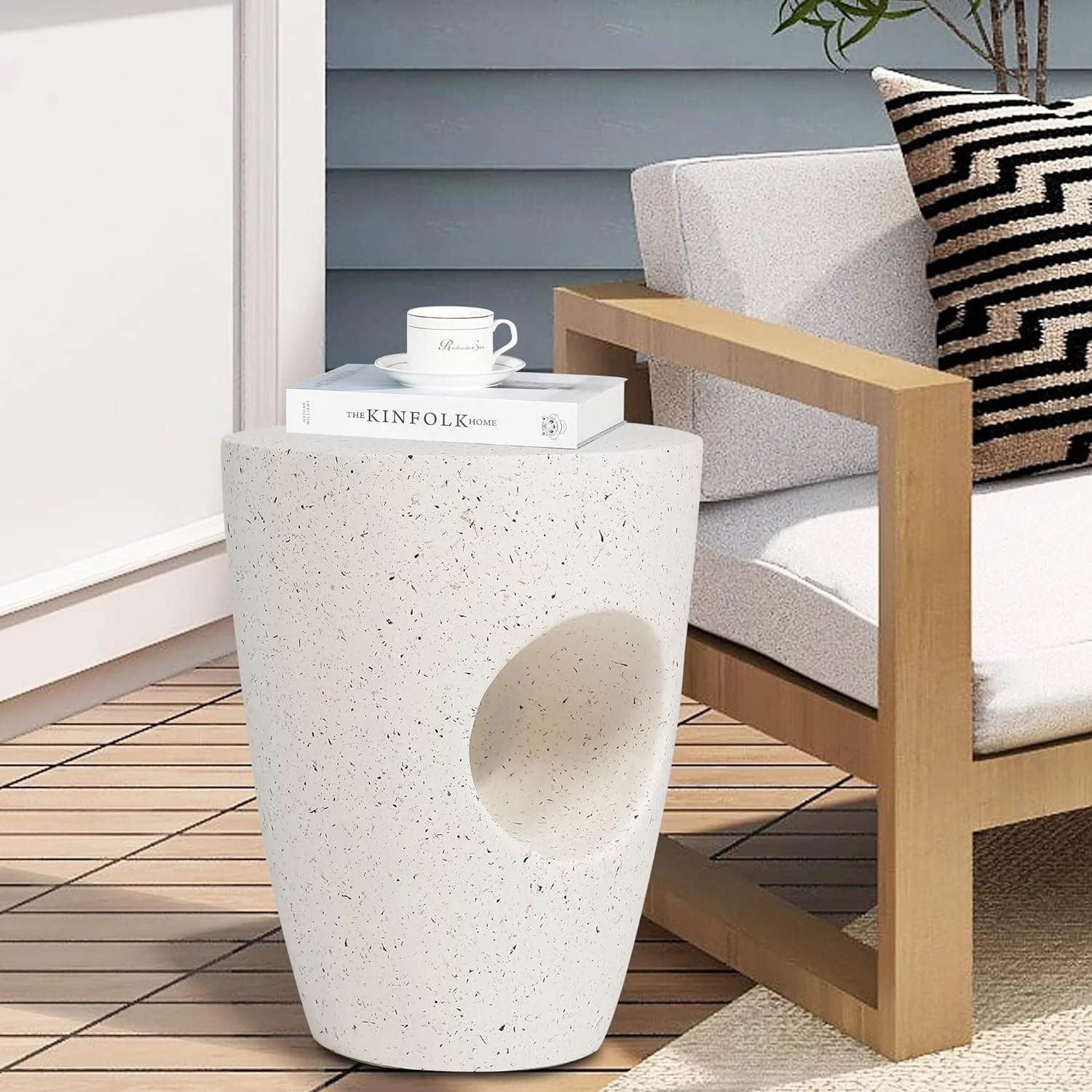 Concrete Accent End Table, Modern Round Plant Table Outdoor Side Table For Living Room Backyard, 18.11