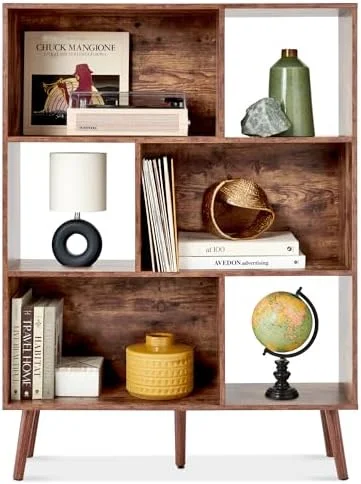 YFbiubiulife 3-Tier Mid-Century Modern Wooden Bookcase  6-Cube Organizer for Nursery   Room  Living Room  w/Removable Back Panels  Pine Legs - Walnut