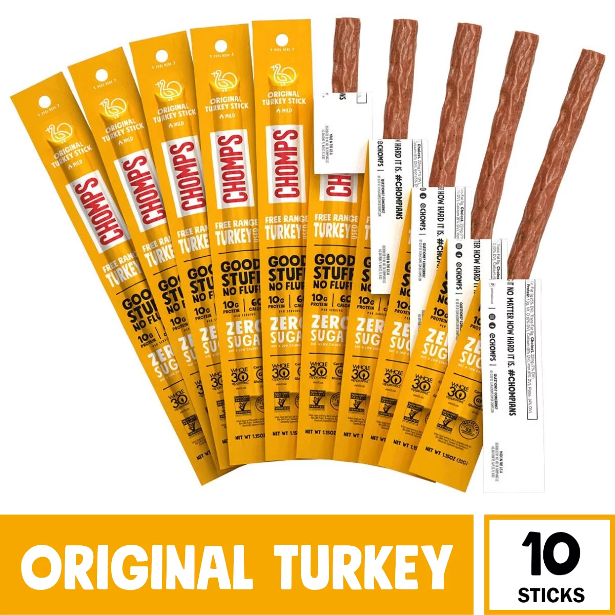 Chomps Free Range Turkey Jerky Sticks, High Protein, Gluten Free, Sugar Free, Whole 30 Approved, 10ct 1.15oz Sticks