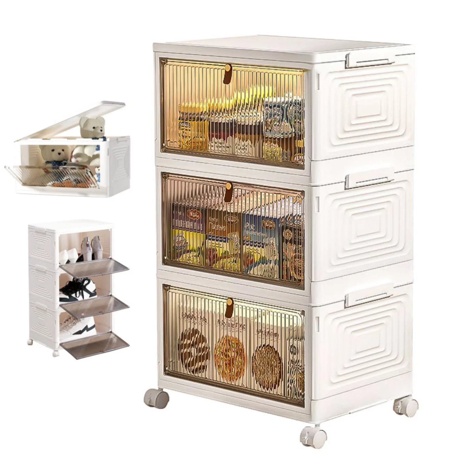 Collapsible 3-Layer Storage Bins with Lids & Wheels,70 Qt Stackable Storage Bins,Folding Storage Container Closet Organizer Box White