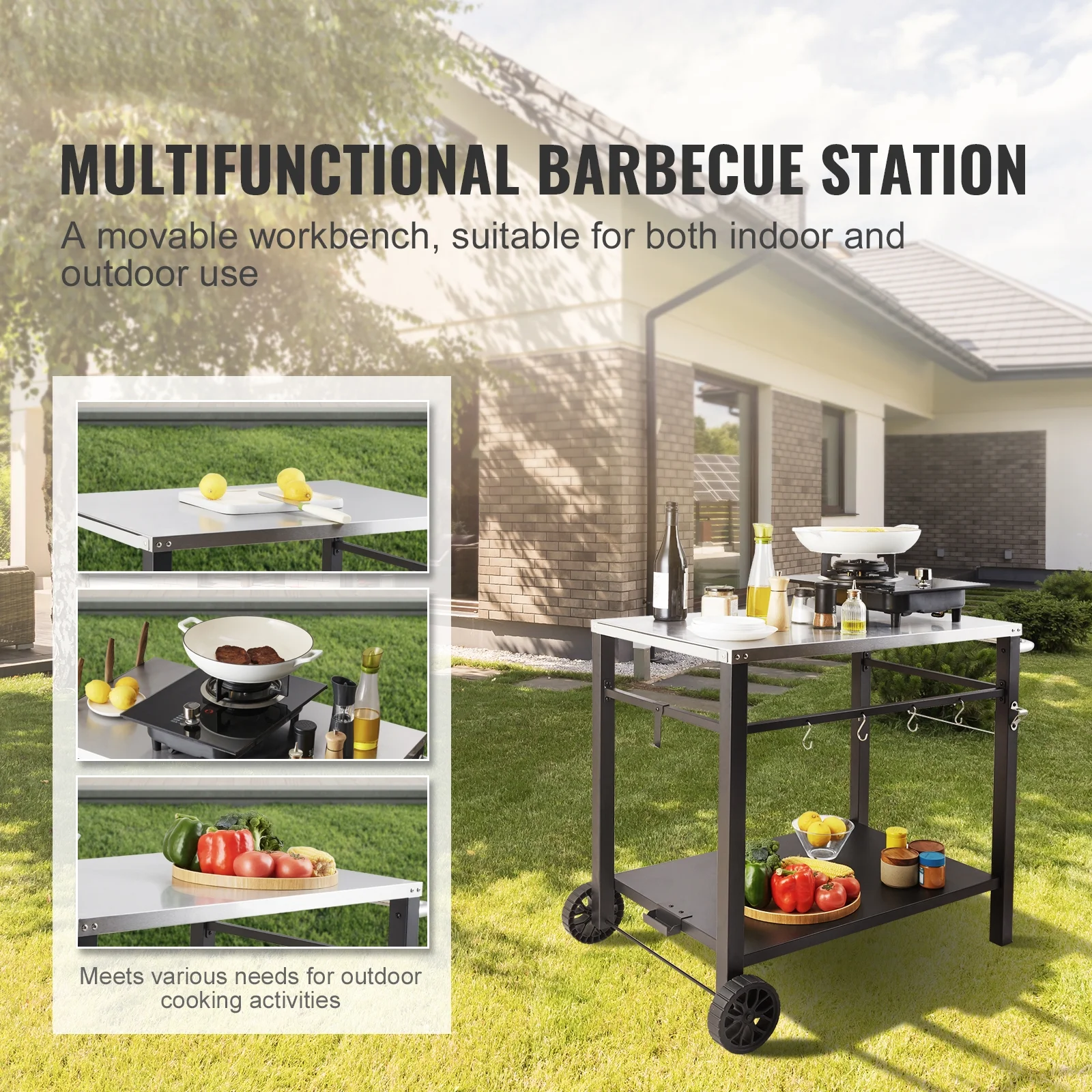 SKYSHALO Double-Shelf BBQ Outdoor Grill Dining Cart Movable Food Prep Trolley Patio