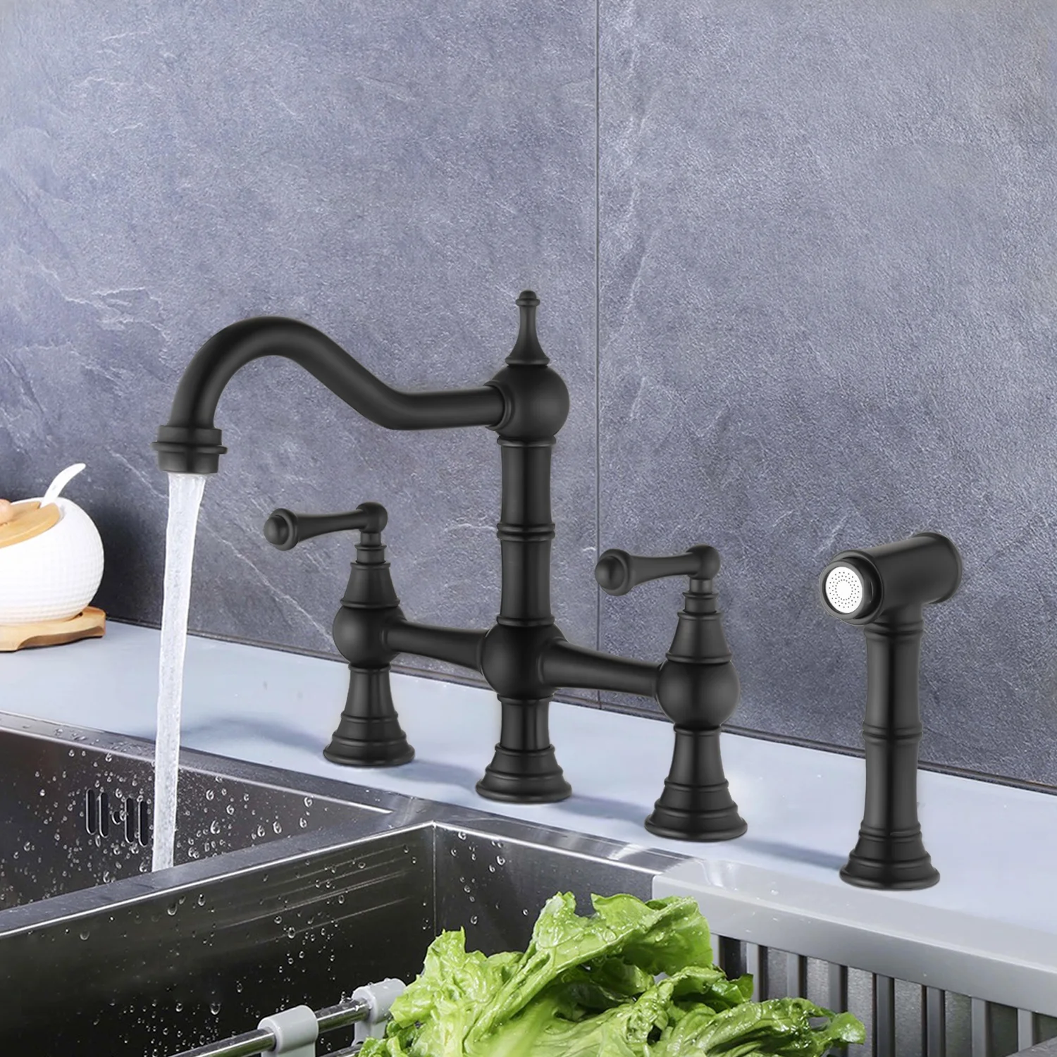 YLtoohoom Bridge Dual Handles Kitchen Faucet With Pull-Out Side Spray in