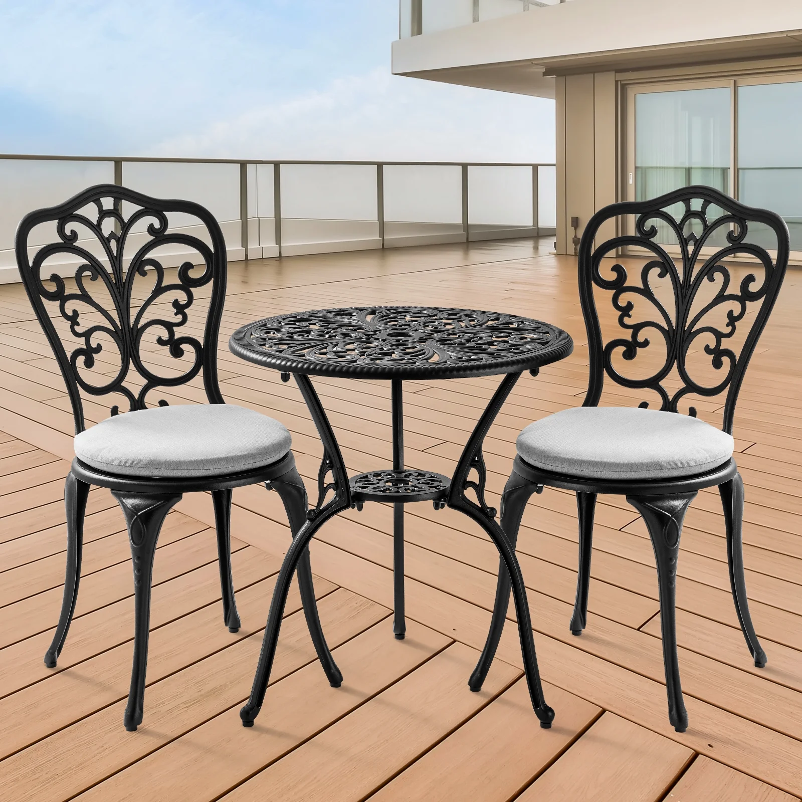Withniture Patio Bistro Set 3 Piece Outdoor, All Weather Bistro Table and Chairs Set of 2 with Umbrella Hole Black