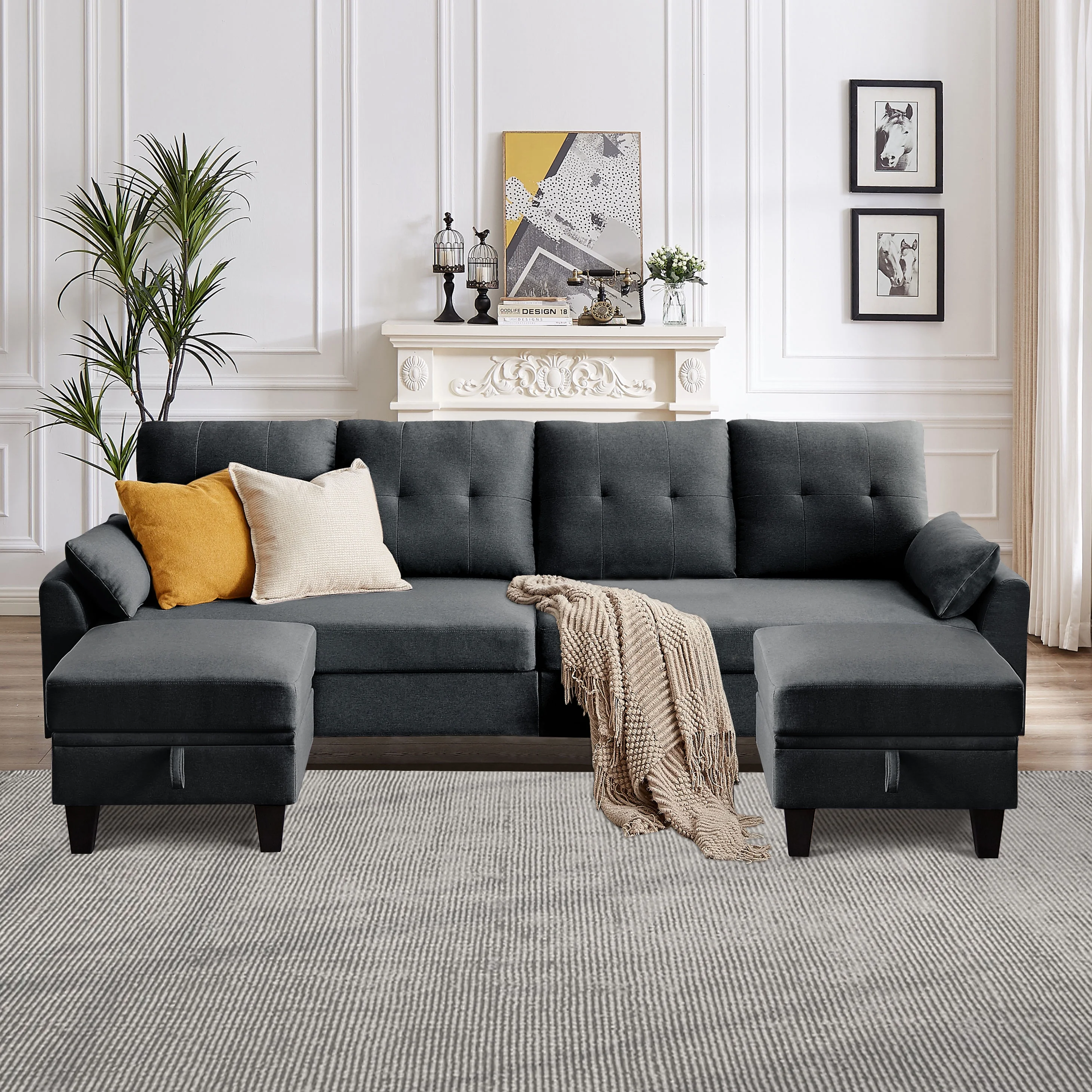 Bloomwhale Modular Sectional Sofa with Double Ottomans U-shaped 4 Seat Sofa Couch with Chaise and Storage for Living Room Home Office,Dark Gray