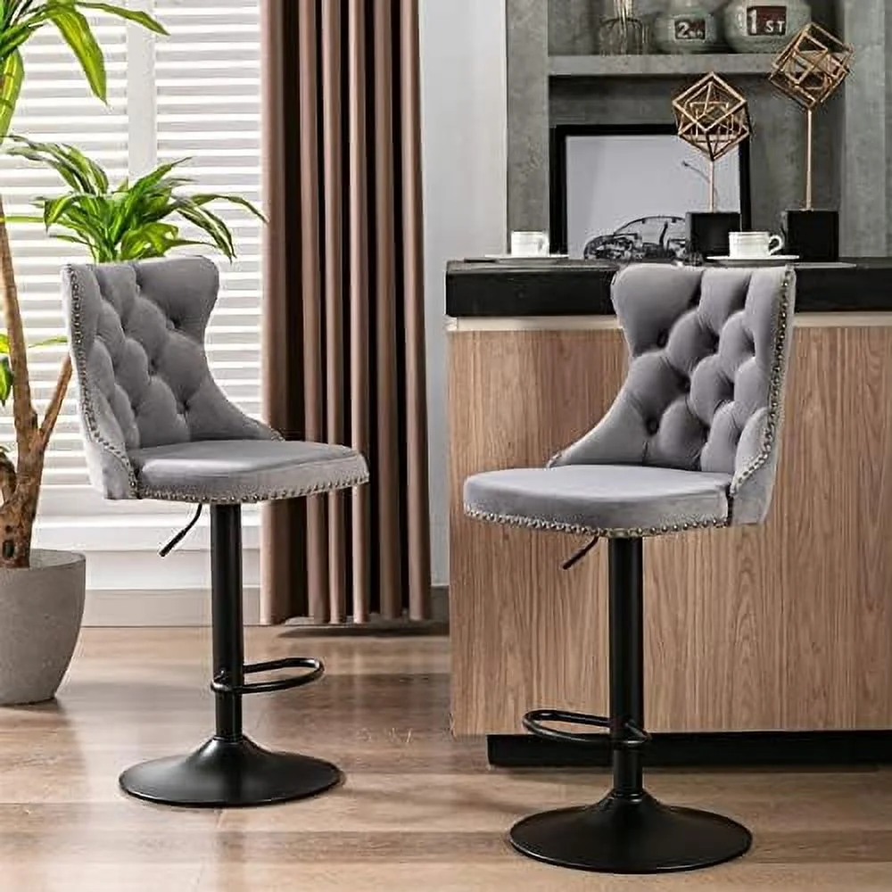 NTTBOBOEC Velvet Swivel  Stools   Adjustable Counter Height  Stools with Wing Back  Nailheads Trim and Sliver Footrest  Modern Button Tufted Upholstered Dining Chairs for Kitchen Island P