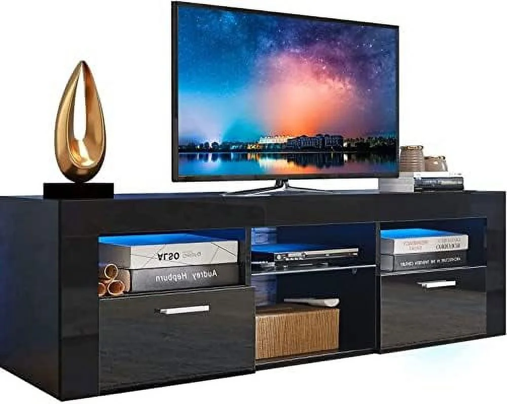 CGFHYP TV Stands 55 inch with 2  Drawer - Black TV Stand with LED Lights  TV Console Table Entertainment Center for 55+ inch Media Table  Television Stands for Living Room Bedroom