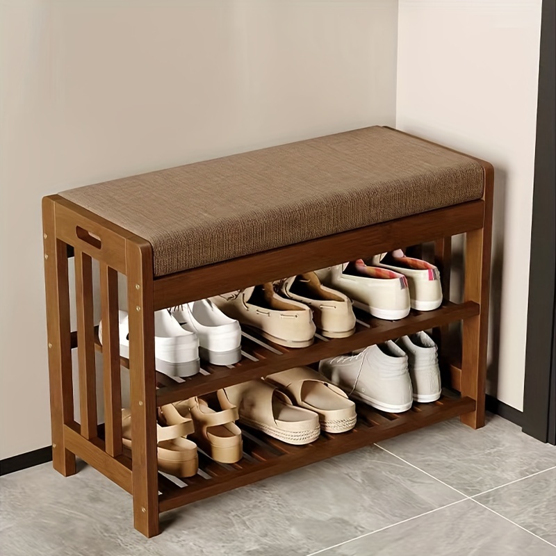 1pc 2-Tier Bamboo Shoe Rack Bench, Entryway Storage Organizer With Cushioned Seat, Classic Home Furniture, Multi-Functional Dustproof Shoe Cabinet For Living Room Doorway