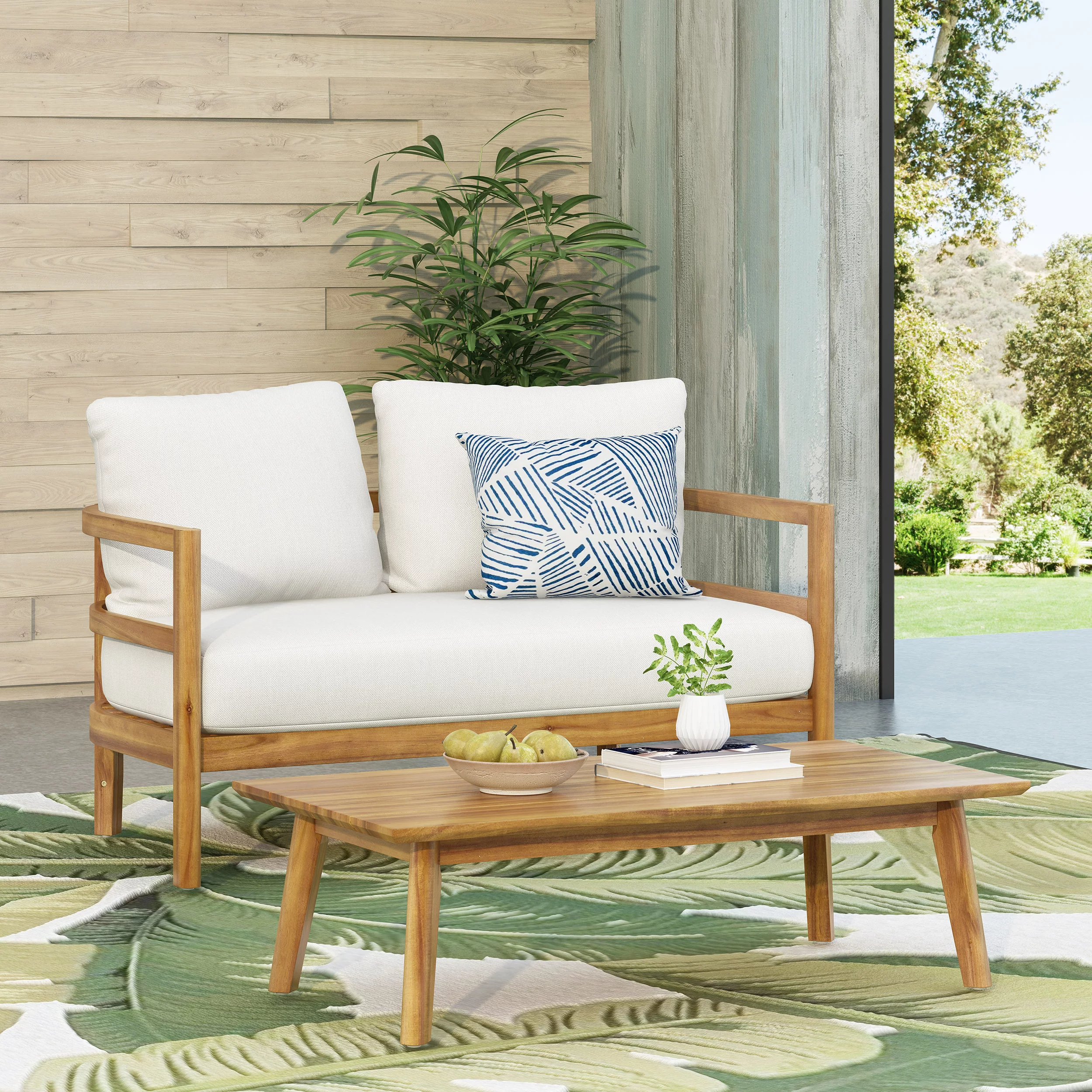 GDF Studio Aggie Outdoor Acacia Wood Loveseat and Coffee Table Set with Cushions, Teak and White