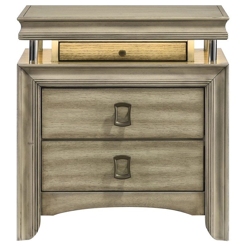 Pemberly Row 3-drawer Wood Nightstand Bedside Table with LED Rustic Beige