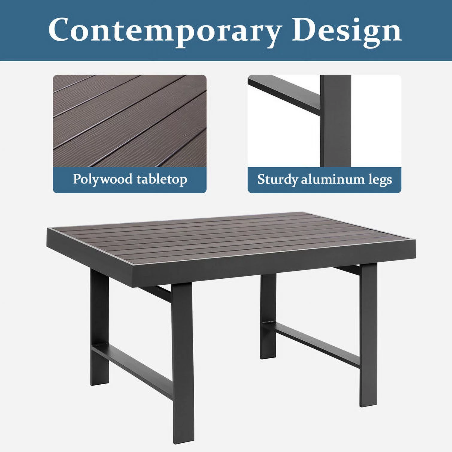 7 Seat Aluminum Patio Furniture Set, Modern Outdoor Sofa with Water-Resistant Cushions, Metal Patio Conversation Set with Dining Table for Balcony, Front Porch, Backyard, Grey