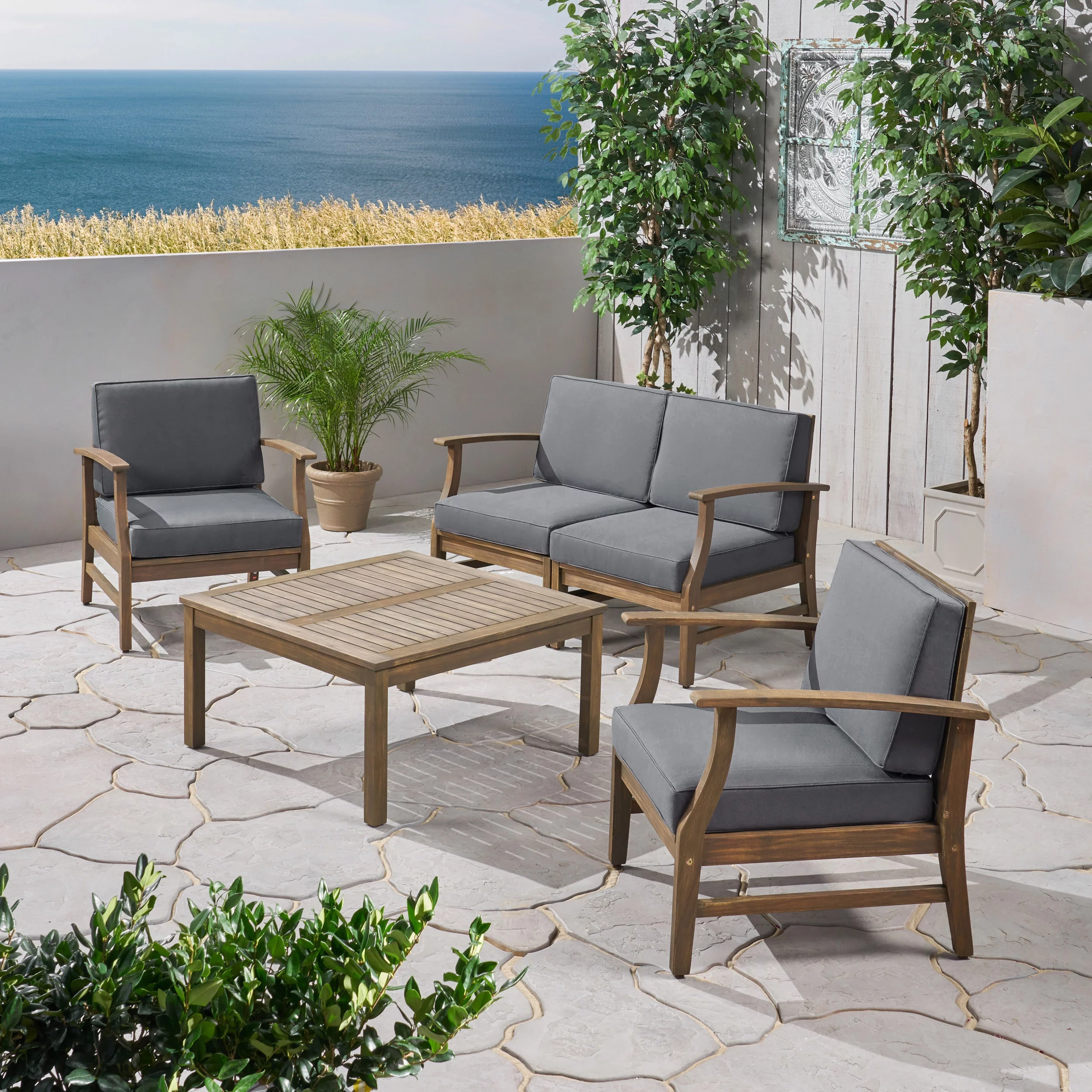 GDF Studio Lorelei Outdoor 5 Piece Acacia Wood Chat Set, Gray and Dark Gray