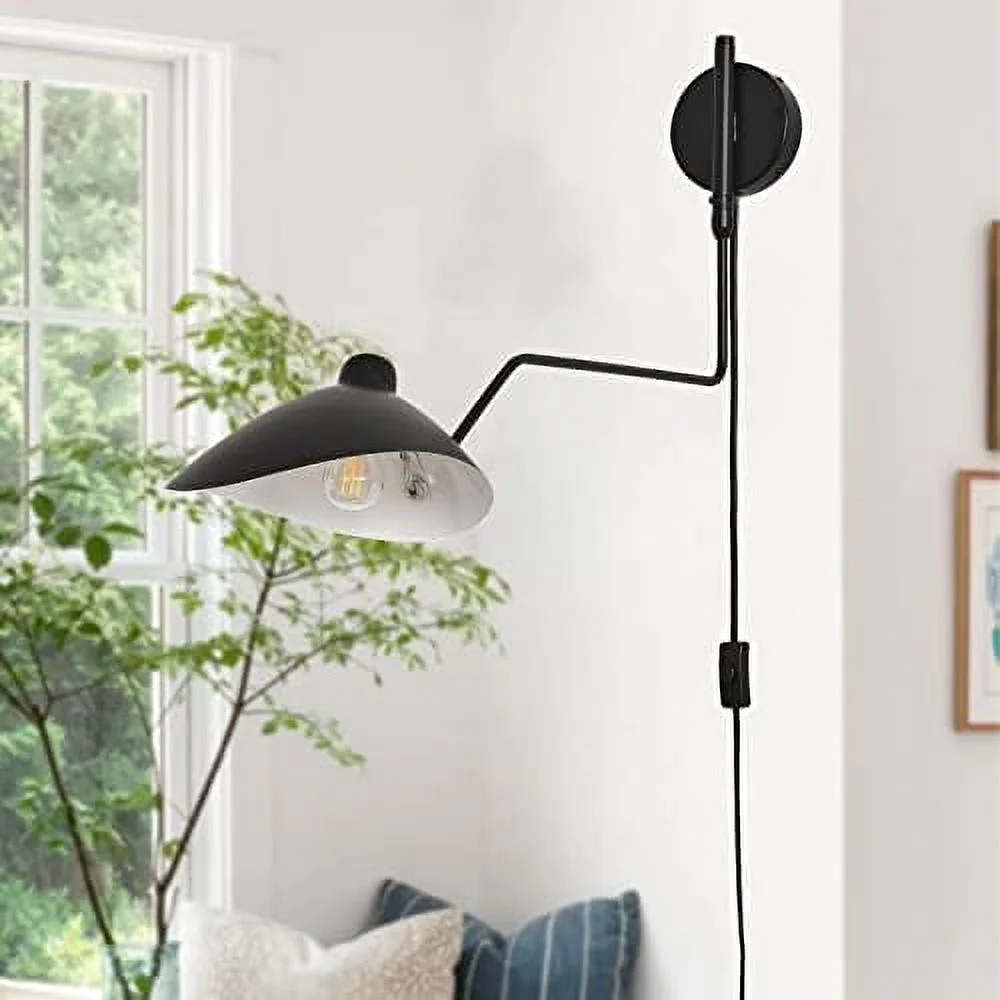 SQHJV Swing Arm Wall Sconce   Black Wall Sconce Modern  Wall Lamp Adjustable Plug in/Hardwired Two-Way  Matte Black Wall Light Fixtures for Living Room Bedroom Vanity Study Desk Office