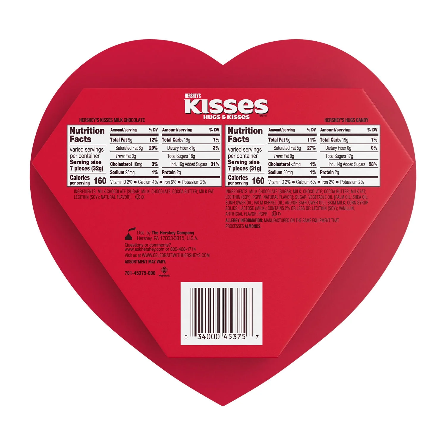 Hershey's Hugs & Kisses Assorted Milk Chocolate and White Creme Valentine's Day Candy, Gift Box 6.5 oz