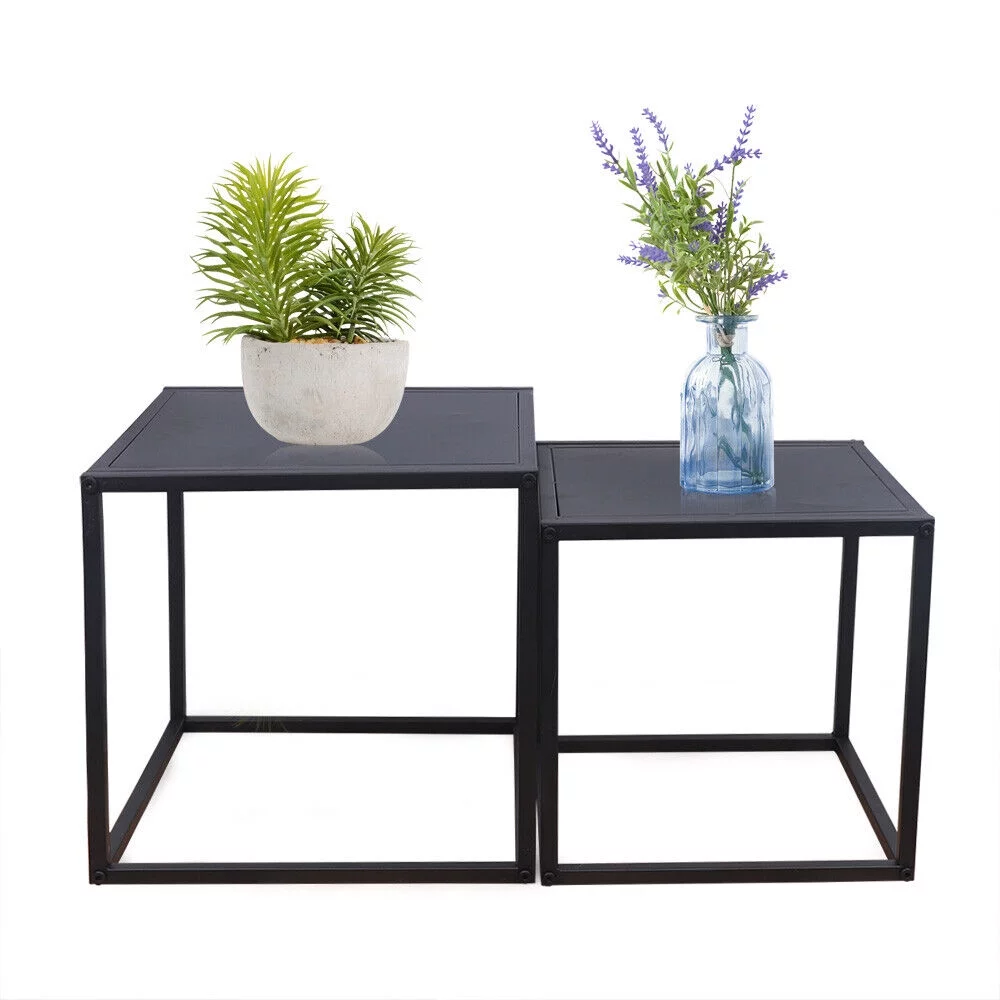 2PC Modern Metal Square Tray Coffee Table End Table Side Table Matte Black Plate