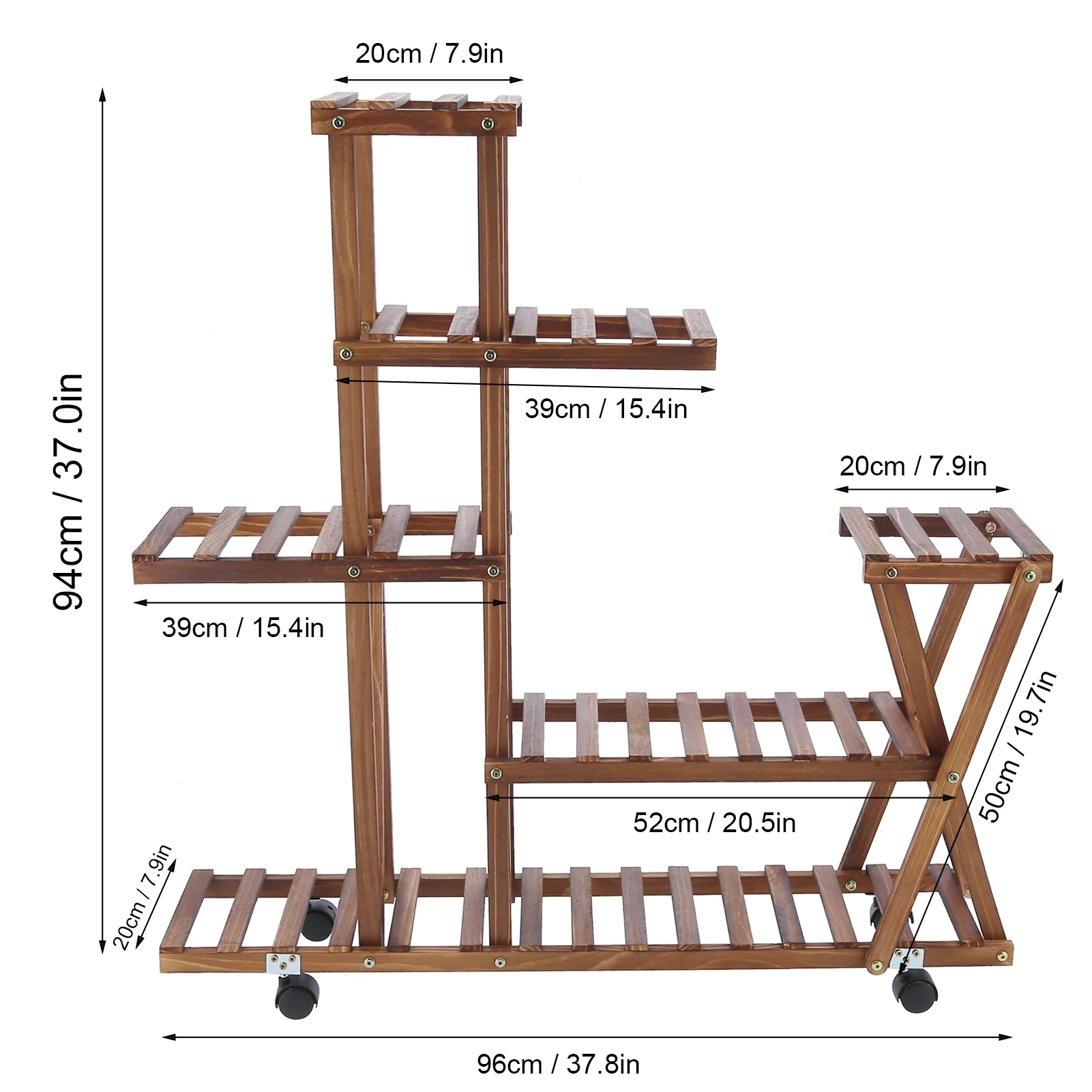 Buumin Plant Stand Holder Indoor Outdoor Multi Tier Flower Display Shelves Rack Organizer with Wheels (Brown)