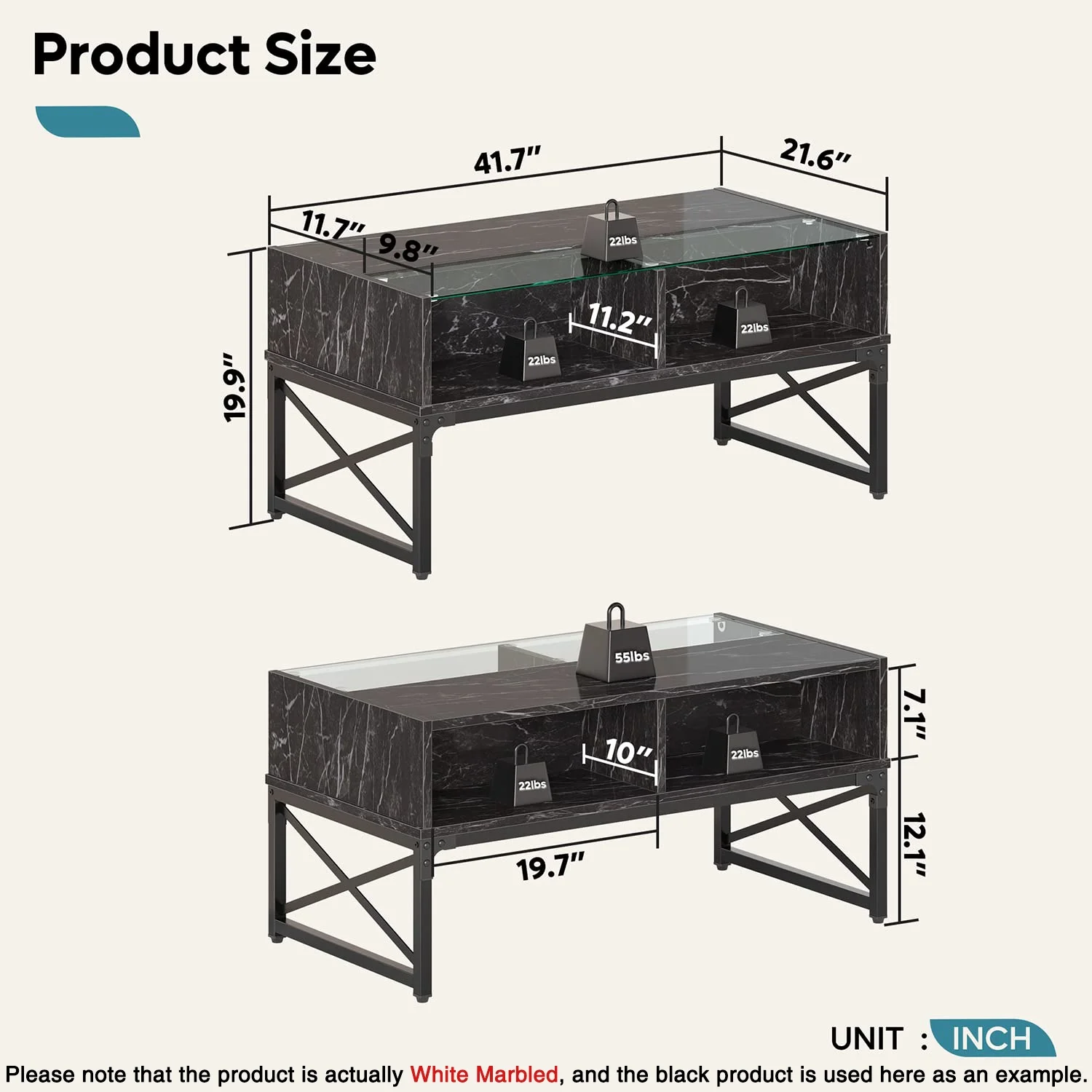 LED Coffee Tables for Living Room 42 inches Center Table, Modern White Marble